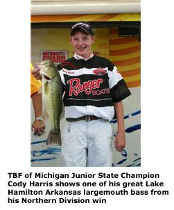 TBF of Michigan Junior State Champion Cody Harris shows one of his great Lake Hamilton Arkansas largemouth bass from his Northern Division win