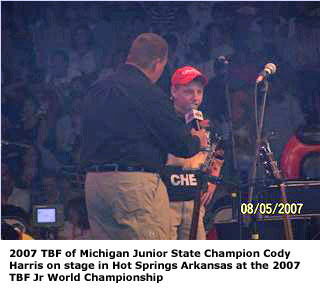 2007 TBF of Michigan Junior State Champion Cody Harris on stage in Hot Springs Arkansas at the 2007 TBF Jr World Championship