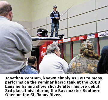 Jonathan VanDam JVD performs his bass fishing seminar at the 2008 Lansing fishing show