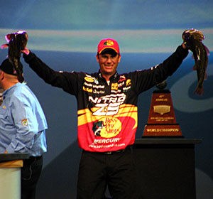 Kevin VanDam shows two big largemouth bass on stage from his 2011 Louisiana Delta Bassmaster Classic victory Kevin VanDam shows two big largemouth bass on stage from his 2011 Louisiana Delta Bassmaster Classic victory