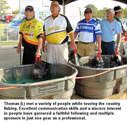 Thomas met a variety of people while touring the country fishing. Excellent communication skills and a sincere interest in people have garnered a faithful following and multiple sponsors in just one year as a professional.