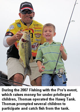 During the 2007 Fishing with the Pro’s event, which raises money for under-privileged children, Thomas operated the Hawg Tank. Thomas prompted several children to participate and catch fish from the tank.