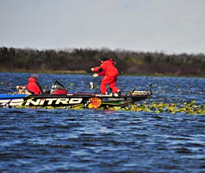 Bassmaster Rookie of the Year race leader Ott DeFoe lands a quality bass Bassmaster Rookie of the Year race leader Ott DeFoe lands a quality bass