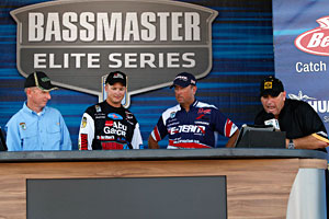Bradley Roy and David Walker share the Bassmaster Wheeler Lake stage with tournament director Trip Weldon and emcee Dave Mercer Bradley Roy and David Walker share the Bassmaster Wheeler Lake stage with tournament director Trip Weldon and emcee Dave Mercer