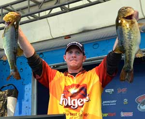 FLW Tour Pro winner Brandon McMillan holds up his two biggest bass from day four on Lake Okeechobee FLW Tour Pro winner Brandon McMillan holds up his two biggest bass from day four on Lake Okeechobee