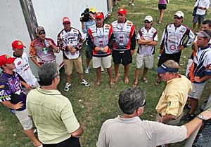 The top five College B.A.S.S. final teams from Virginia Tech, SFA, Georgia, Texas A&M and Auburn are briefed on the championship day at Beaver Fork Lake The top five College B.A.S.S. final teams from Virginia Tech, SFA, Georgia, Texas A&M and Auburn are briefed on the championship day at Beaver Fork Lake