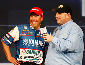 Stephen Browning being interviewed by Bassmaster emcee Dave Mercer during the 2011 Bassmaster Classic Elite angler Dean Rojas talks with Bassmaster emcee Dave Mercer February 18 during the 2011 Bassmaster Classic