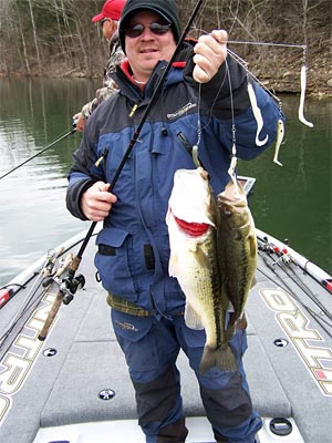 GreatLakesBass.com member LGMOUTH Don Watts 
shows off two largemouth bass he caught at once from Table Rock Lake fishing a KustomKicker Jigs Reaper Rig castable umbrella rig like the Alabama rig