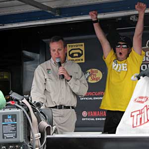 Unknown bass pro Fletcher Shryock celebrates taking the lead going into the final day of the B.A.S.S. Southern Open on Lake Norman Unknown bass pro Fletcher Shryock celebrates taking the lead going into the final day of the B.A.S.S. Southern Open on Lake Norman