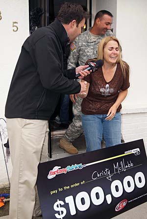 FLW Outdoors TV host Jason Harper surprises Fantasy Fishing point champion Christy McNabb of Kerman California with $100,000 FLW Outdoors TV host Jason Harper surprises Fantasy Fishing point champion Christy McNabb of Kerman California with $100,000