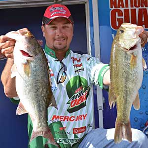 Diet Mountain Dew pro Jason Christie leads the FLW Tour Lake Hartwell event with quality fish like these two big largemouth bass Diet Mountain Dew pro Jason Christie leads the FLW Tour Lake Hartwell event with quality fish like these two big largemouth bass