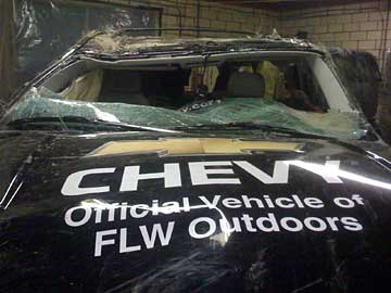 Head on view of Stricker's Team Chevy Suburban tournament rig after the unfortunate incident