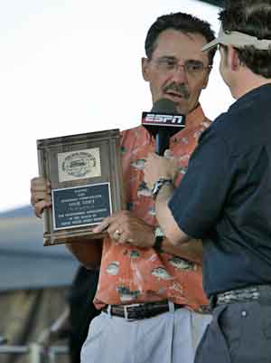 Louie is interviewed by Keith Allan, emcee at BASS tournaments, after being inducted into the National Freshwater Fishing Hall of Fame as a Legendary Communicator in 2005. He was presented the award prior to the weigh-in at the BASS Elite Series Major on Lake Wissota, Wisconsin in 2005.