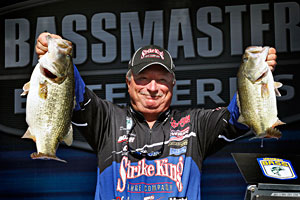 2011 Alabama Charge Elite Series day one leader Denny Brauer with two big largemouth bass caught from Pickwick Lake 2011 Alabama Charge Elite Series day one leader Denny Brauer with two big largemouth bass caught from Pickwick Lake