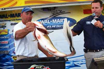Bass like this one are why Ron Fabiszak of South Bend, Ind. is leading the co-angler divsion after day one of the Walmart FLW East-West Fish-Off. Fabiszak's first day weight was 28 pounds, 2 ounces.