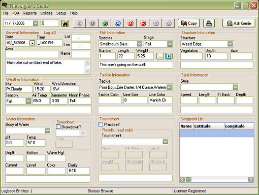 The Angler's Genie Anglers Fishing Log and Tournament GPS Management Software Entry Screen