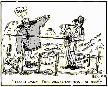 Dan Kimmel's GreatLakesBass.com Bass Fishing Humor - original art cartoon by Scales and Tales creator Bill McElroy.