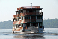 The Amazon Otter floating peacock bass fishing headquarters on the Rio Negro in Brazil