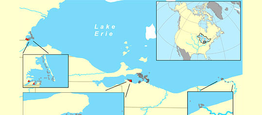 Locations of Lake Erie water sample sites, with Asian carp eDNA positive locations marked in red (bighead carp) and orange (silver carp). Map credit: Sagar Mysorekar, The Nature Conservancy.